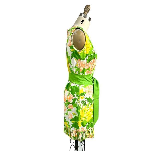 1960s VTG Cotton Floral Dress Smart Time Unique Hem Sz S/M Yellow Green Orange - Picture 4 of 6